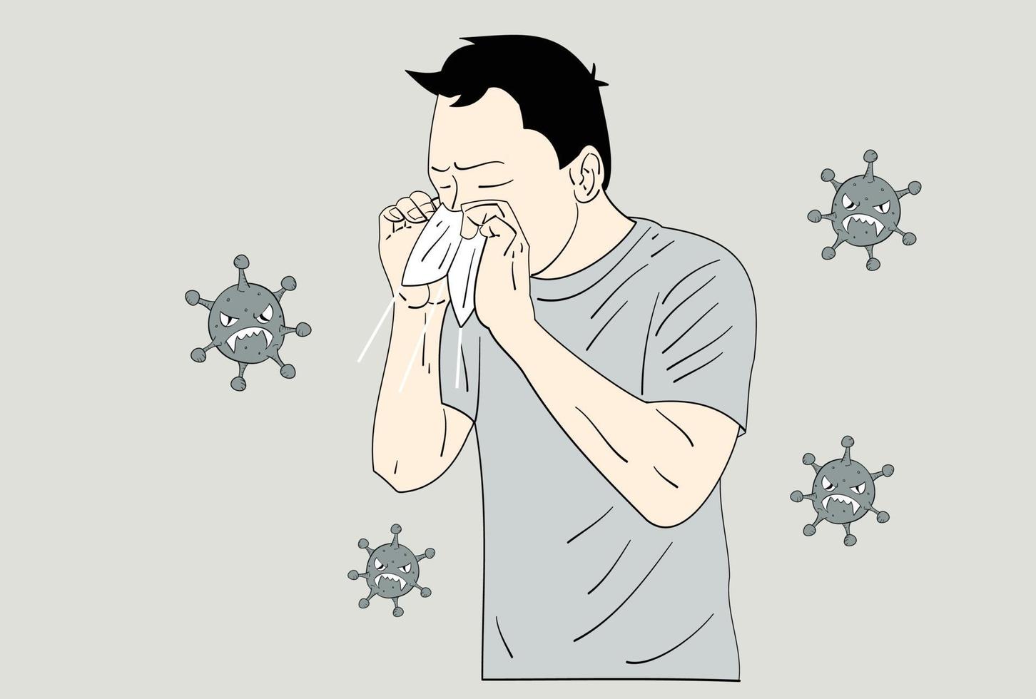 een man die niest door zijn neus te bedekken met papieren zakdoekje. en omgeven door virussen. handgetekende stijl vectorontwerpillustraties vector