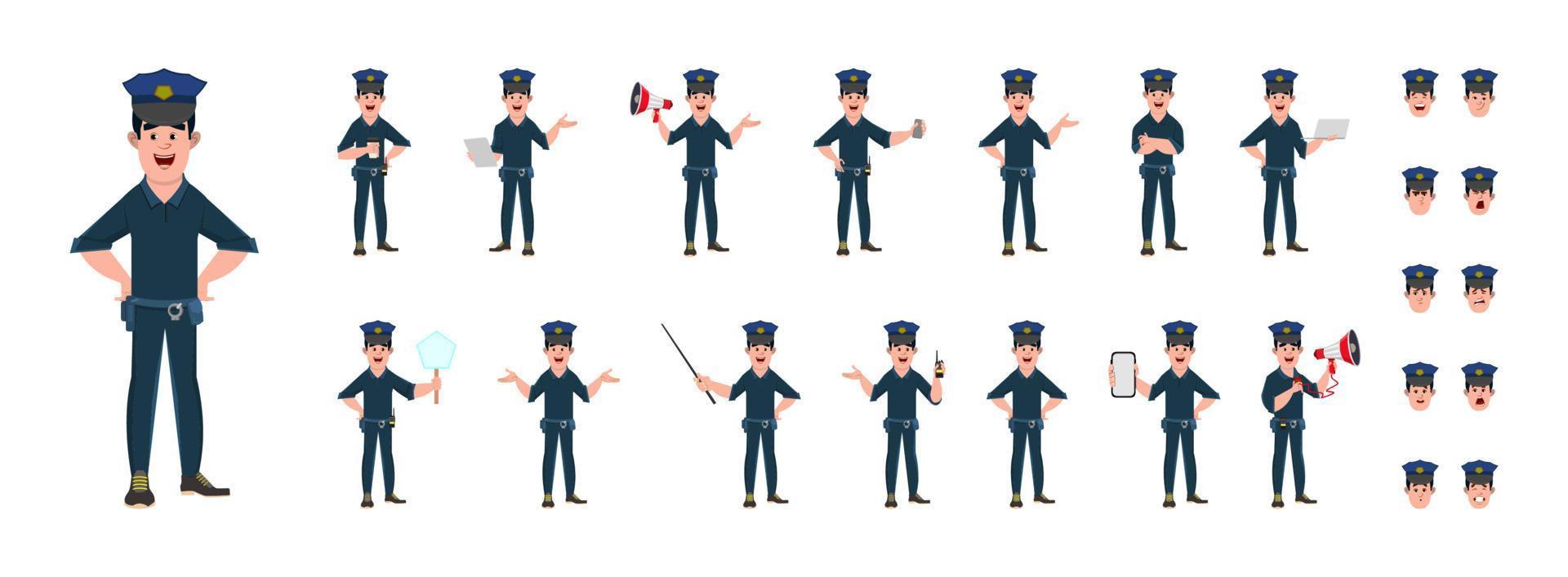politieagent cartoon tekenset. tekenset in verschillende poses of gebaren vector