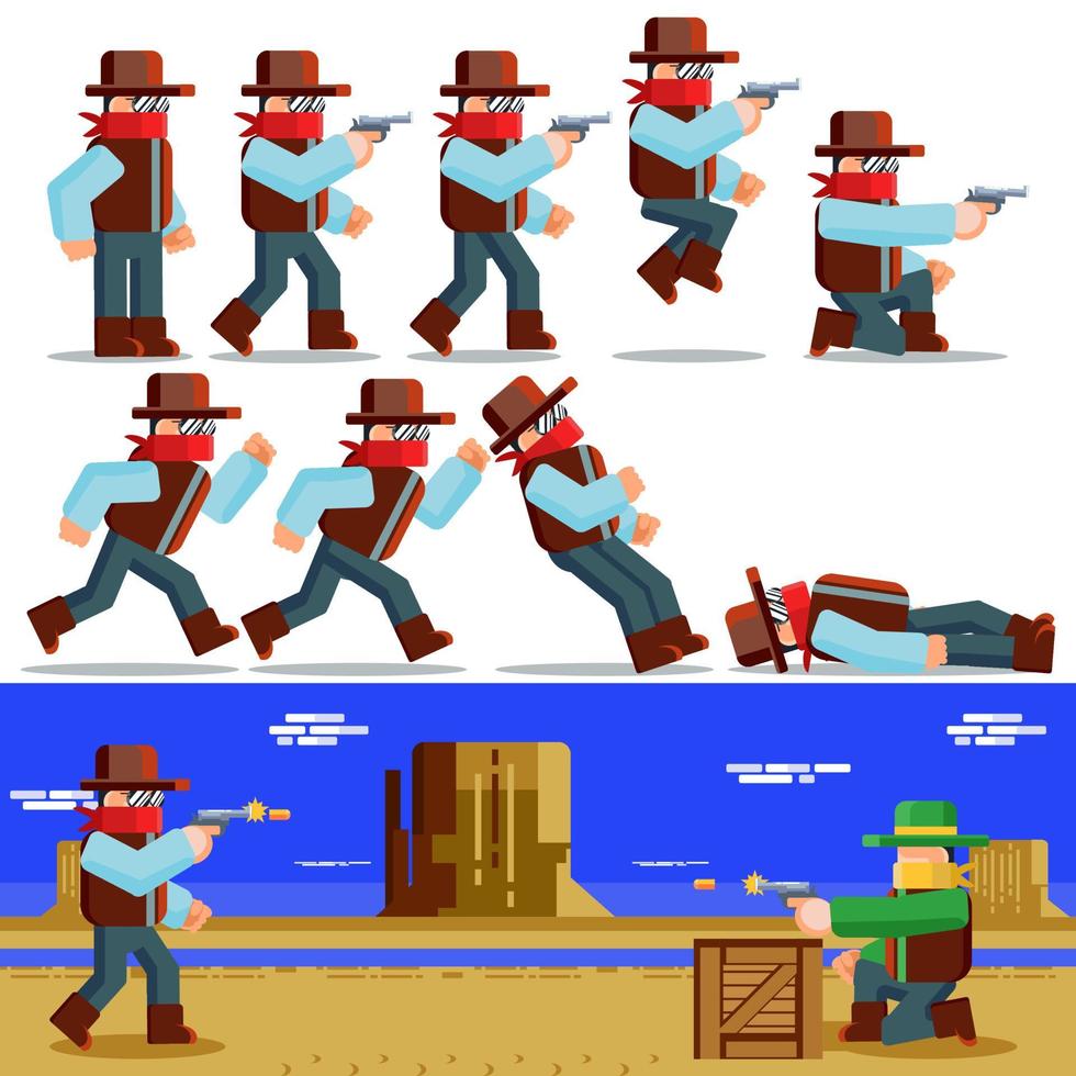 2D run en gun game-item met cowboythema vector