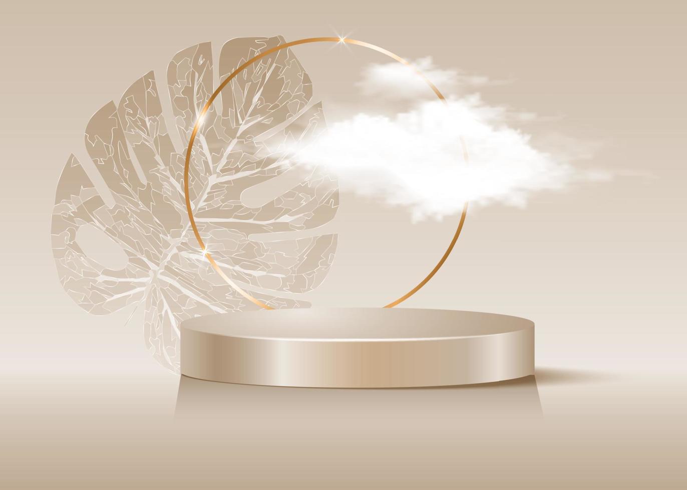 3D-platformstudio toont minimale scène, goud rond frame en pluizige wolk, voetstukvloer. luxe podium showcase modern modeplatform om product, bloemenmonstera en beige achtergrond te tonen vector