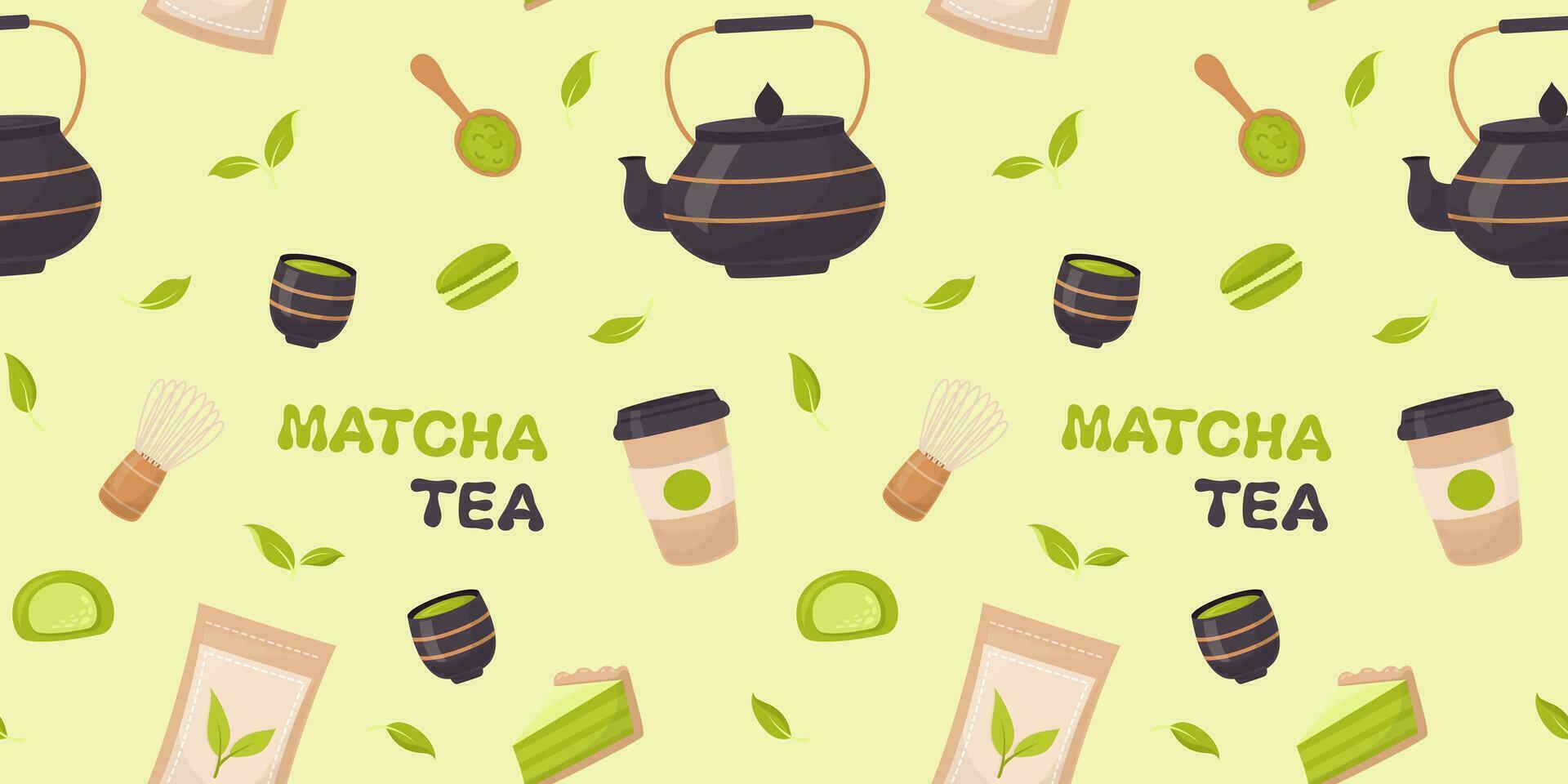 matcha thee naadloos patroon. thee matcha poeder, theepot, thee bladeren, garde, lepel, traditioneel kop en matcha toetje vlak stijl achtergrond. gereedschap voor Japans matcha thee ceremonie. vector