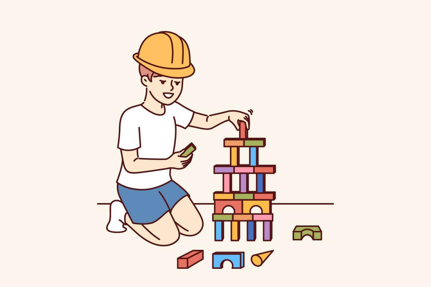 weinig jongen bouwer creëert toren van kinderen bakstenen spelen en dromen van worden architect vector