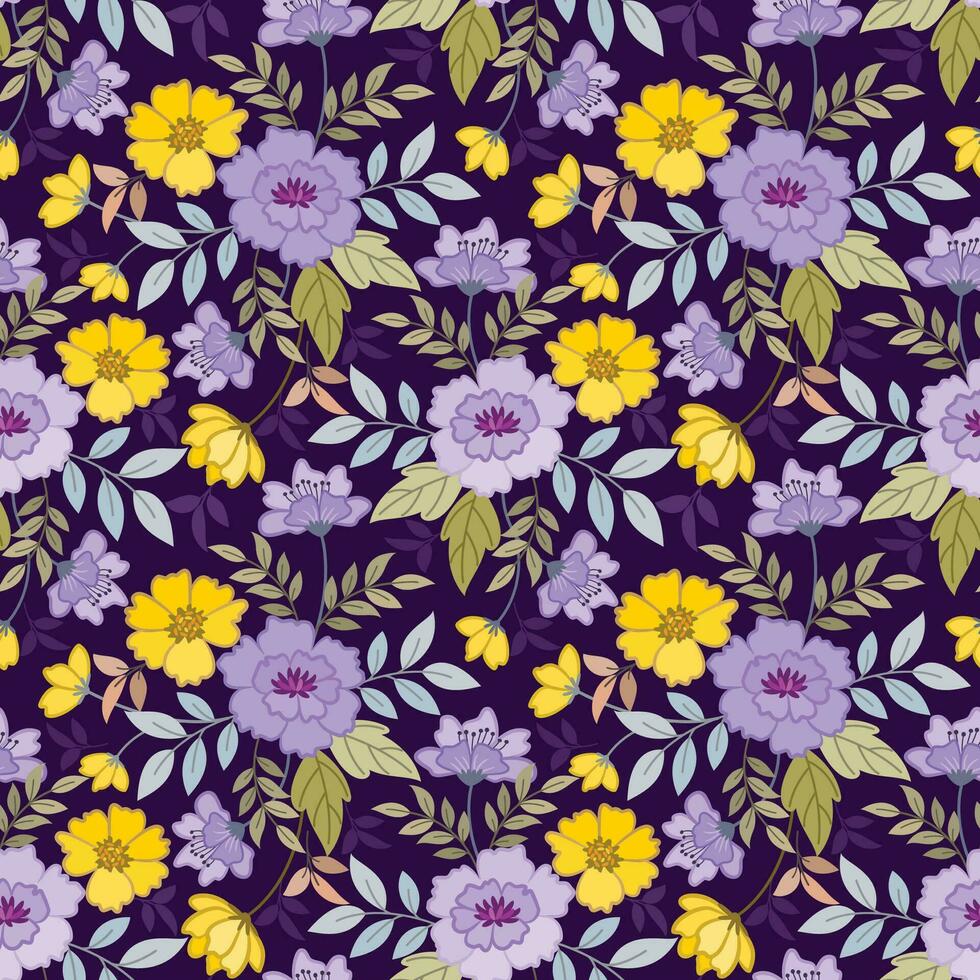 geel en Purper bloemen met groen blad. vector