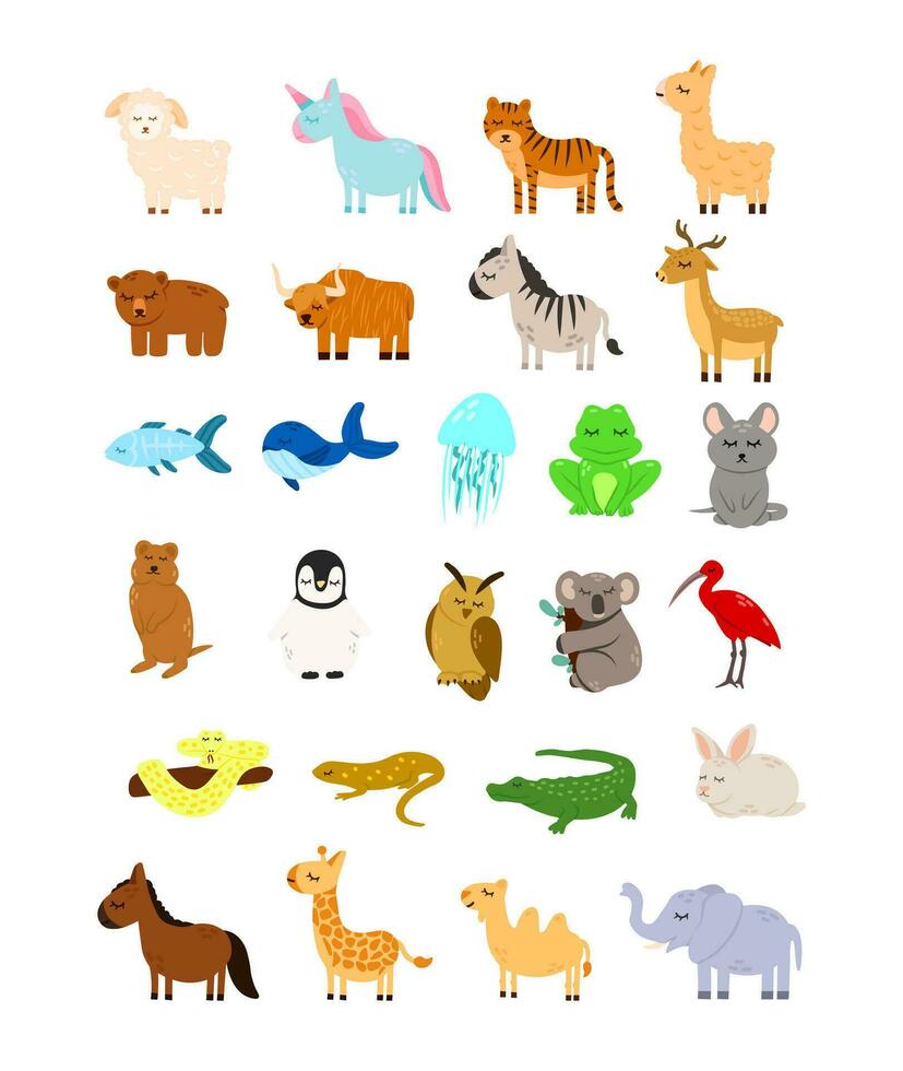 tekenfilm dieren icoon reeks voor kinderen. grappig schattig dier, dierentuin dieren karakters. geïsoleerd vector pictogrammen illustratie set.
