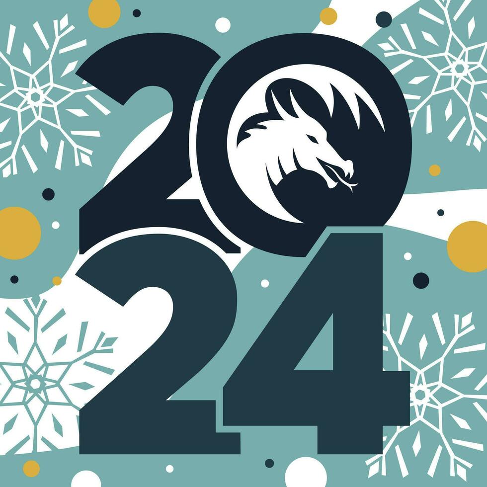 gelukkig nieuw jaar 2024 plein poster met draak, sneeuwvlokken, en tekst. vector vlak illustratie.