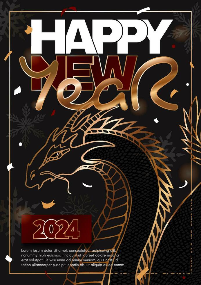 gelukkig nieuw jaar 2024 banier met draak, sneeuwvlokken, en felicitatie- tekst in goud en zwart kleuren. vector 3d illustratie.