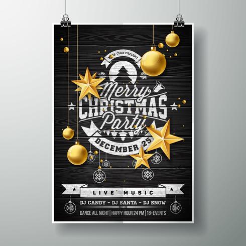 Vector Merry Christmas Party-ontwerp met vakantie typografie elementen en gouden sterren op vintage houten achtergrond.