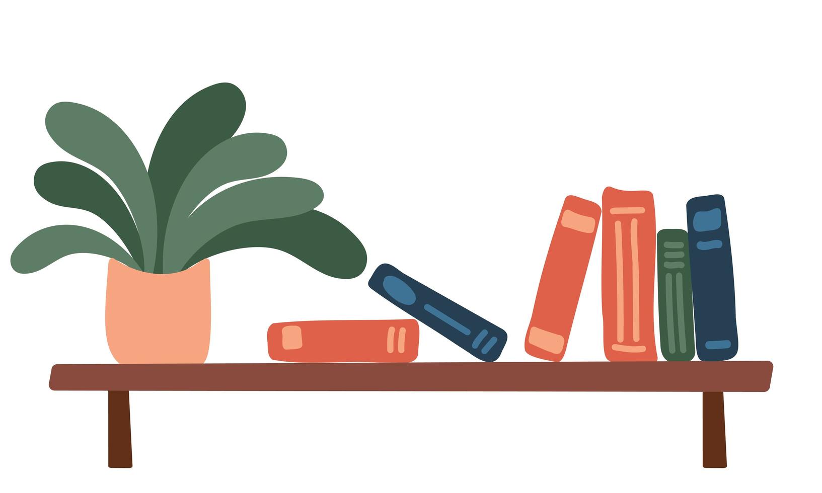 boekenplank met boeken en potplant vector