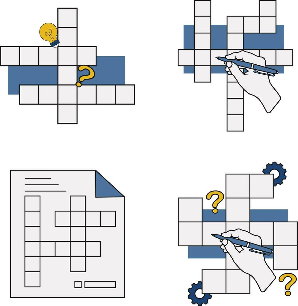 reeks van kruiswoordraadsel puzzel dag. met pen, lamp, en hand. geïsoleerd vector illustratie.