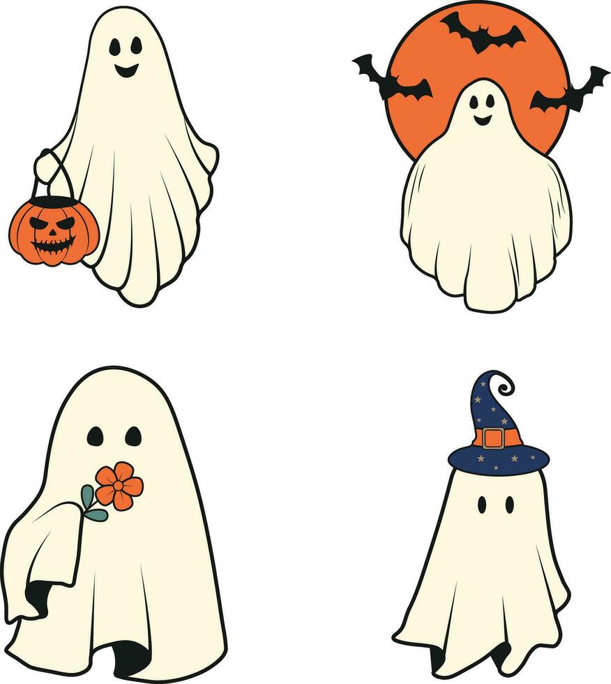 retro geest halloween icoon set. met schattig tekenfilm ontwerp. vector illustratie.