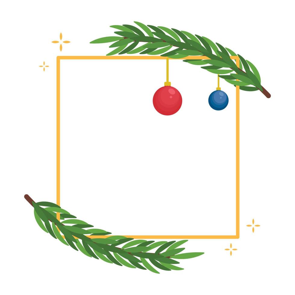 kerstvierkant frame met dennentakken met speelgoedballen. vector