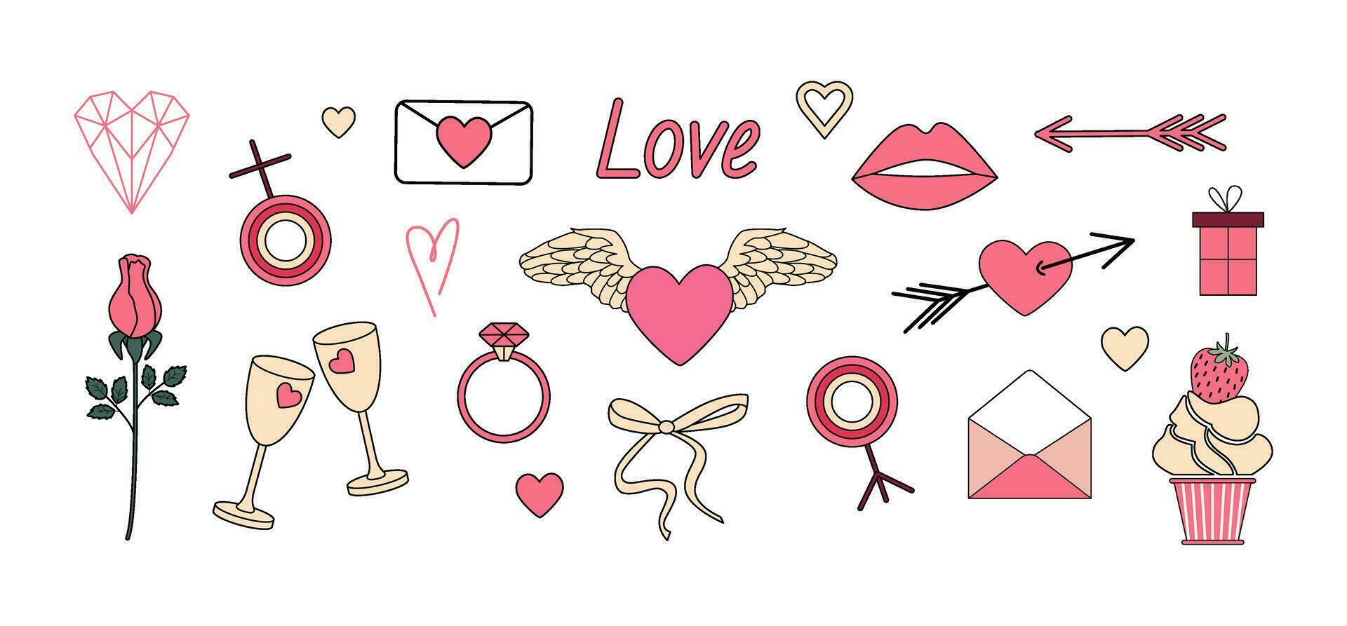 Valentijnsdag dag clip art. roze harten, liefde mail, ring, bloem, geschenk, glas van wijn, lippen, pijl. meisjesachtig retro romantisch stickers, krabbels. vector