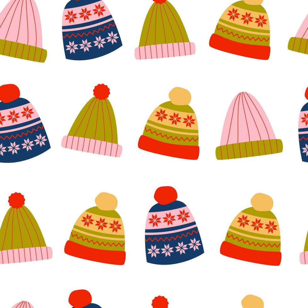 kleurrijk hoeden met prints naadloos patroon. knus winter accessoires. hoofddeksel. retro wijnoogst kleuren. achtergrond, omhulsel papier. vector