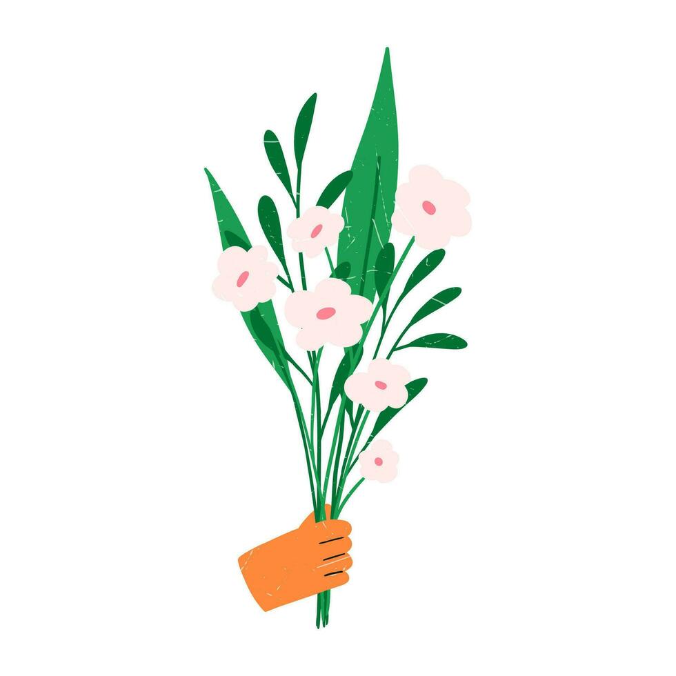 hand- Holding bloem boeket, vlak vector illustratie met grunge textuur, geïsoleerd Aan wit achtergrond. hand- getrokken bloemen samenstelling. concepten van geschenk, Cadeau en liefde.