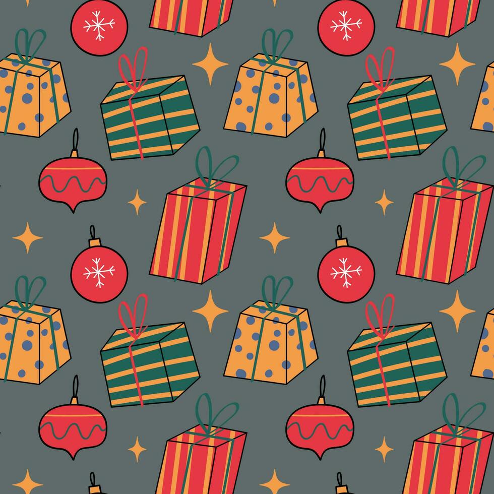 de Kerstmis patroon met elementen - Kerstmis bomen, geschenken, sterren, sneeuwvlokken, en ornamenten. de hand getekend element. naadloos patroon voor omhulsel papier, textiel afdrukken, en achtergrond ontwerpen. vector