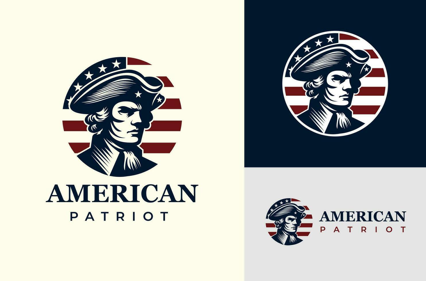 silhouet van een geconfronteerd Amerikaans patriot. wijnoogst Verenigde staten revolutionair oorlog leger soldaat met Amerikaans vlag achtergrond cirkel illustratie ontwerp vector