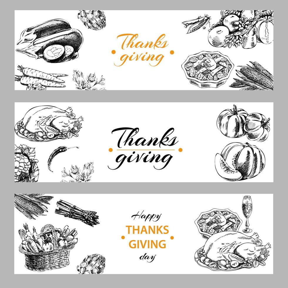 een set van vector handgetekende banners voor Thanksgiving. een illustratie in een vintage schetsstijl. retro voedsel schets illustratie.