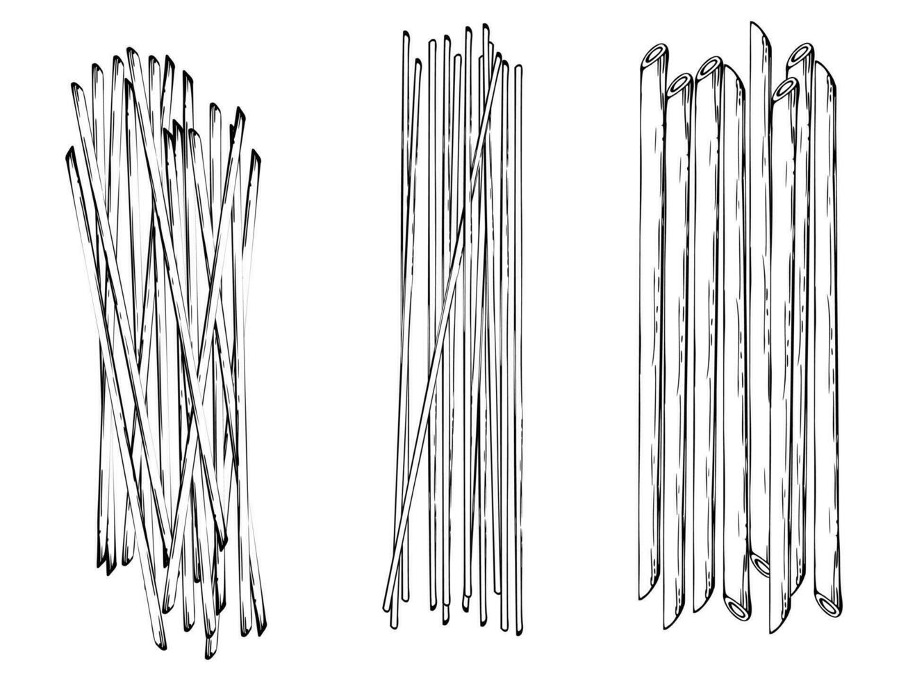 hand- getrokken vector inkt illustratie. lang pasta Italiaans keuken spaghetti vermicelli noedels. reeks van single voorwerp elementen geïsoleerd Aan wit. voor restaurant, menu, voedsel winkel en pakket, folder, afdrukken.