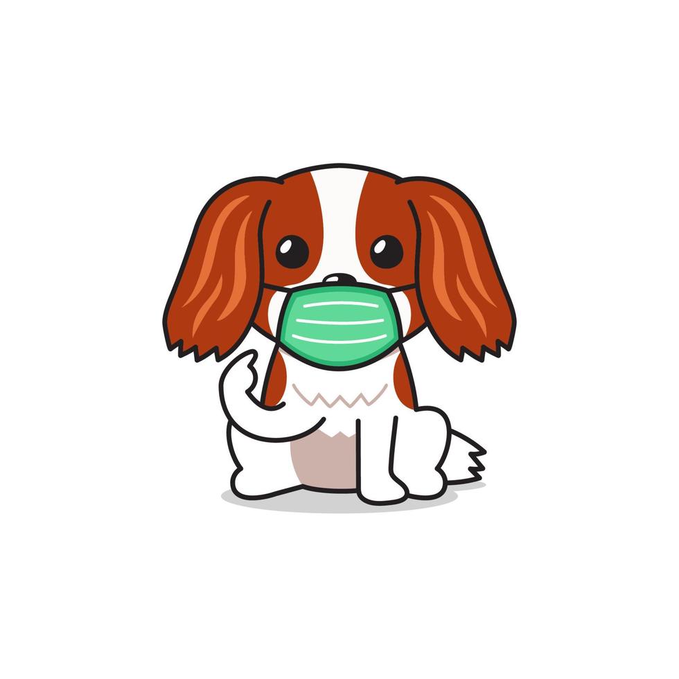 stripfiguur cavalier king charles spaniel hond met beschermend gezichtsmasker vector