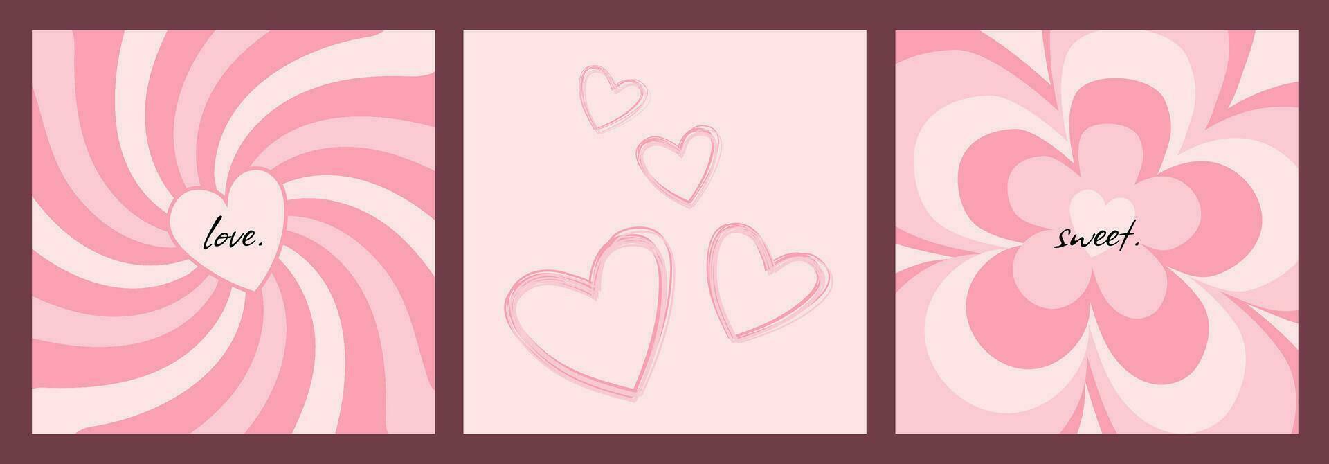 reeks van schattig romantisch Valentijnsdag dag kaarten, ansichtkaarten met hand- getrokken patronen, harten, bloemen en tekst hartelijk groeten, vector decoratief illustraties.