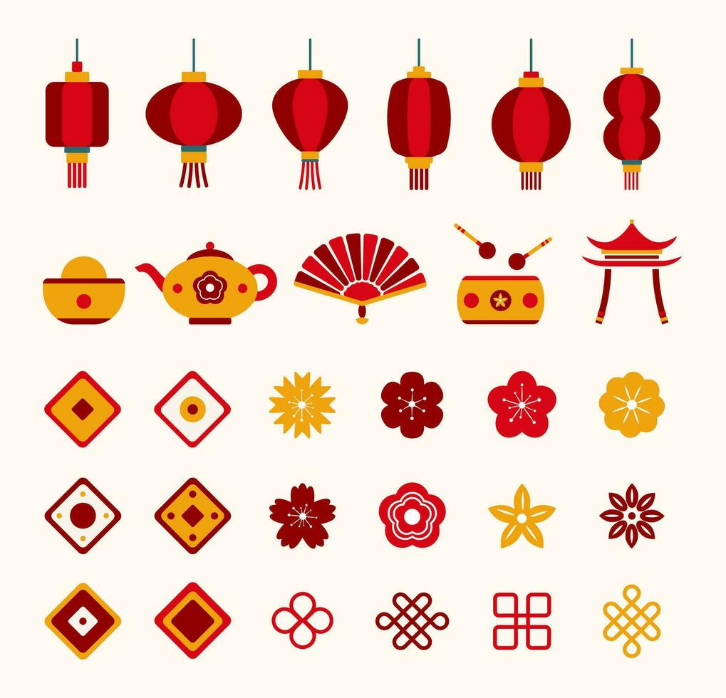 Chinese nieuw jaar en lantaarn festival grafisch ontwerp reeks van feestelijk voorwerpen en symbolen, oosters decoratief elementen. vector illustratie.
