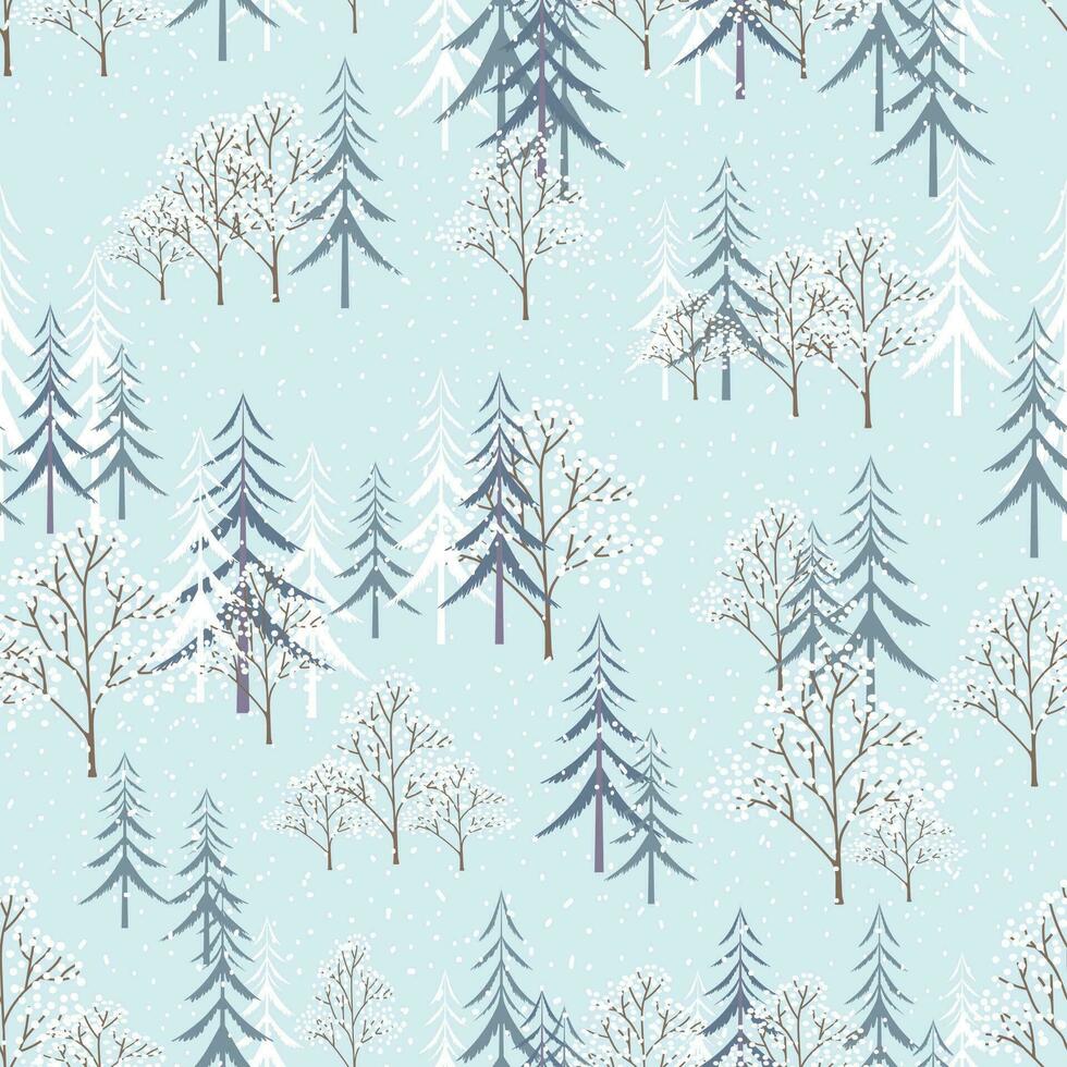 winter achtergrond, naadloos patroon pijnboom boom aan het bedekken met sneeuw Aan blauw achtergrond, schattig winter tekenfilm herhaling patroon achtergrond voor omhulsel papier, geschenk, ornamenten Aan vrolijk kaart kerst, nieuw jaar vector