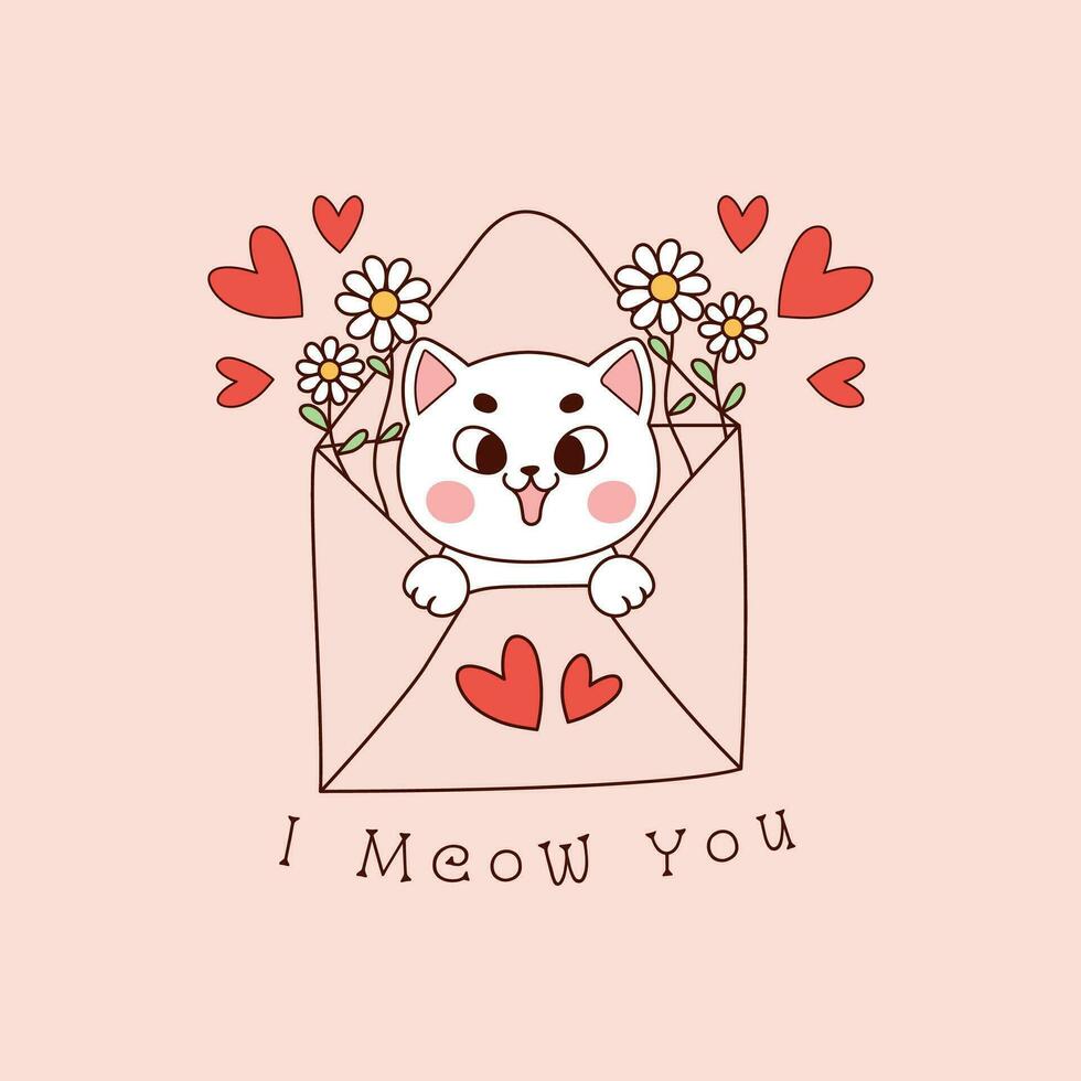 schattig wit kat binnen een envelop of liefde brief met madeliefje bloemen en harten vector