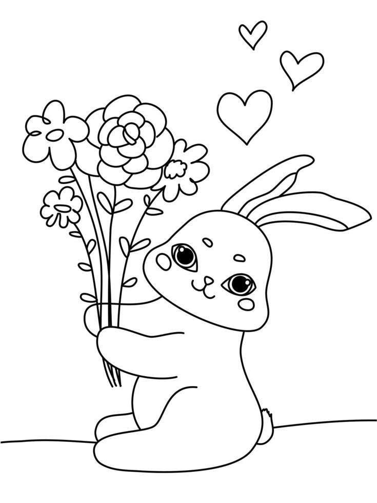 schattige harten cartoon huisdier konijn. kleurboek dierlijk konijntje met boeket bloemen. vector