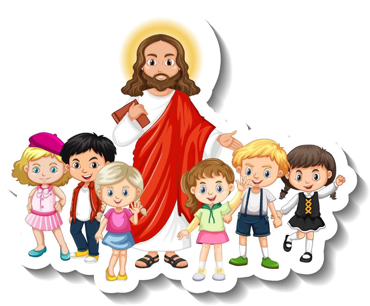 Jezus Christus met kinderen groep sticker op witte achtergrond vector