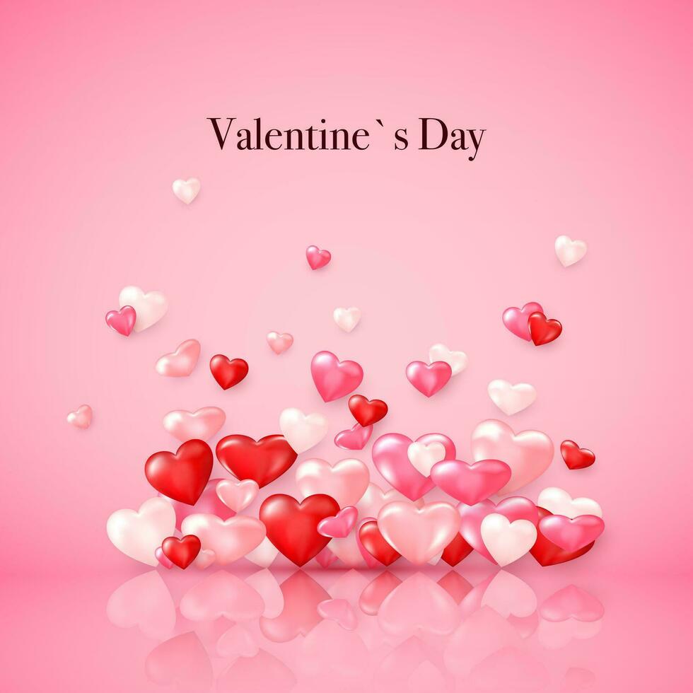 groupe van glanzend rood harten met reflectie. valentijnsdag dag decoratie element. vector illustratie Aan roze achtergrond