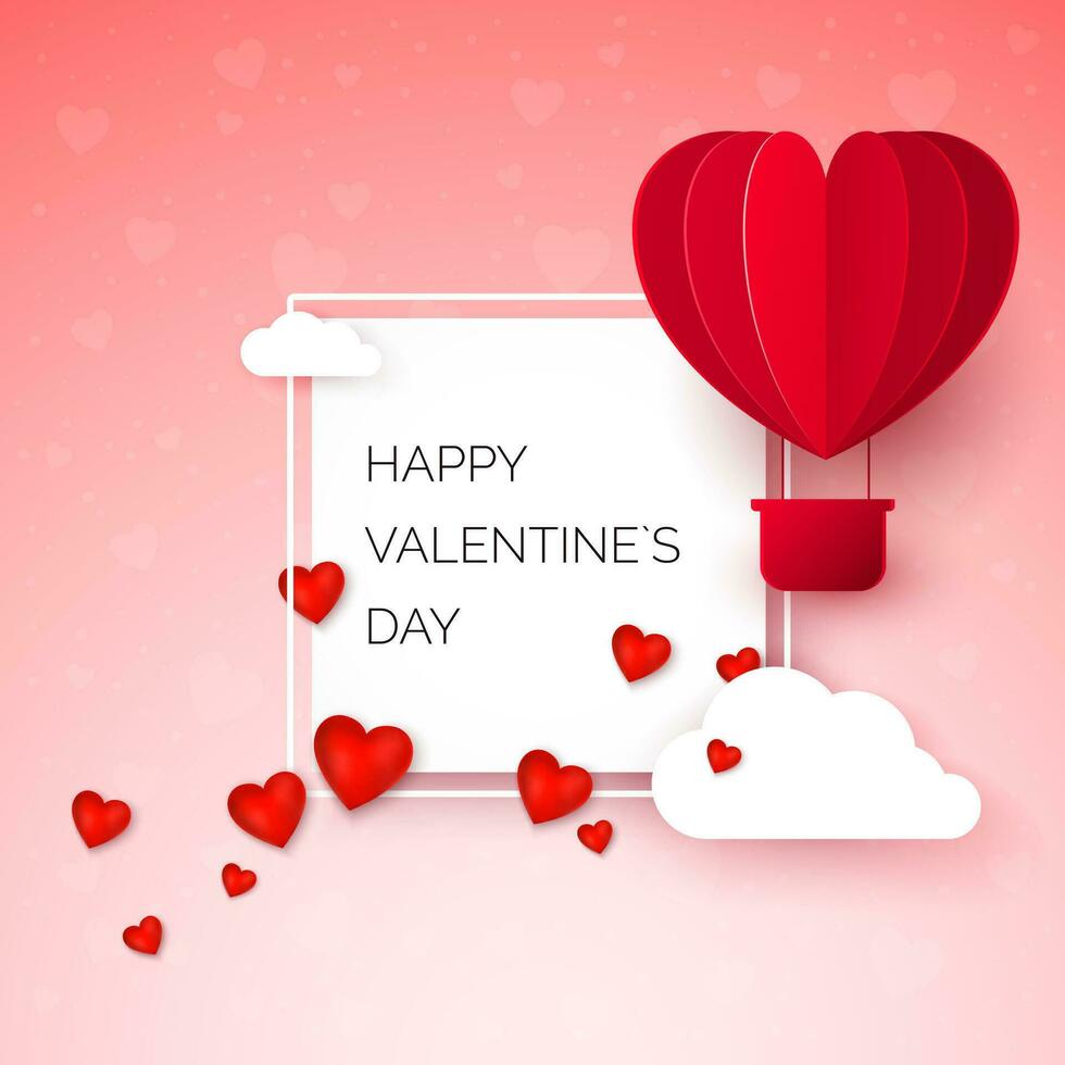 valentijnsdag dag groet kaart met papier besnoeiing rood hart vorm ballon vliegen. ballon vliegt en bladeren een spoor met harten decoraties. gelukkig Valentijn dag. vector