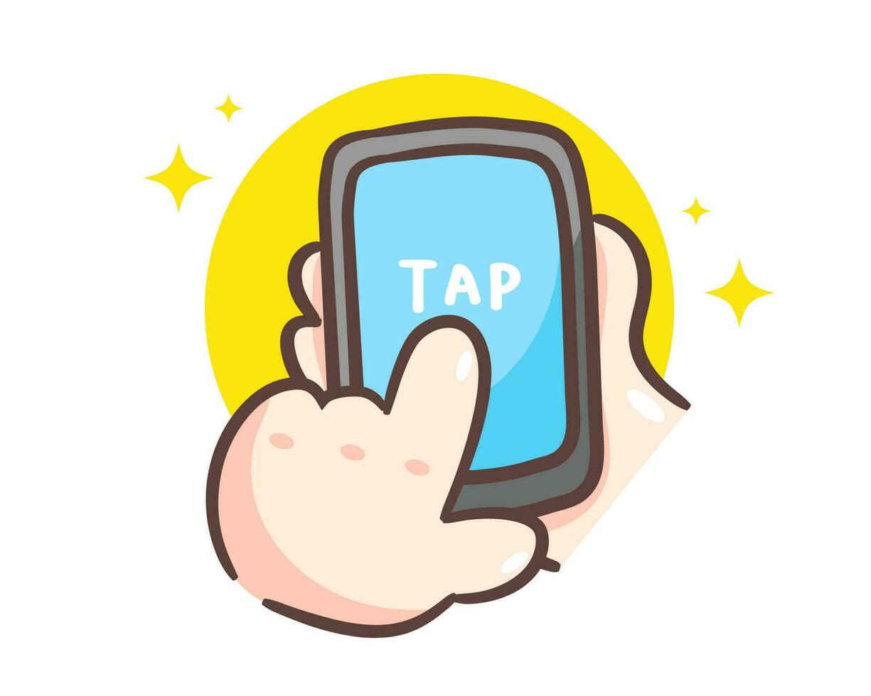 Holding smartphone, klikken, tikken met vinger tekenfilm illustratie. chibi hand- teken concept ontwerp. hand- getrokken vlak stijl. geïsoleerd wit achtergrond vector