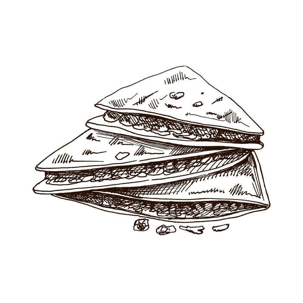 hand getekend schetsen van Quesadilla. wijnoogst tekening van Mexicaans gerecht. vector zwart inkt schets voedsel illustratie. Mexicaans voedsel, keuken. een illustratie voor de menu. Latijns Amerika.