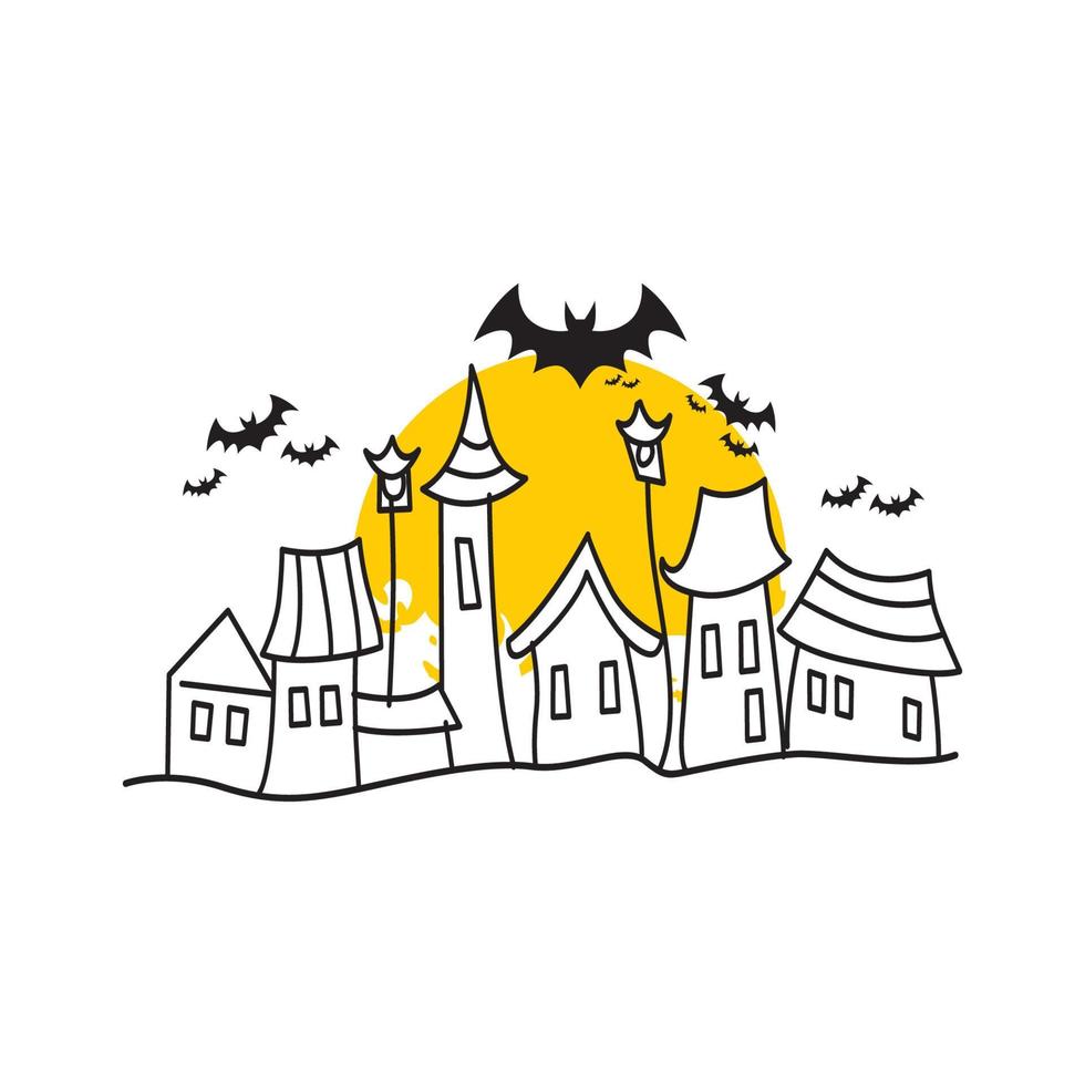 oud eng huis met gloeiende ramen 's nachts. vector cartoon landschap met spookachtig houten herenhuis, gebroken hek, donkere silhouetten van bomen en maan in de lucht. Halloween griezelige illustratie van heksenhuis