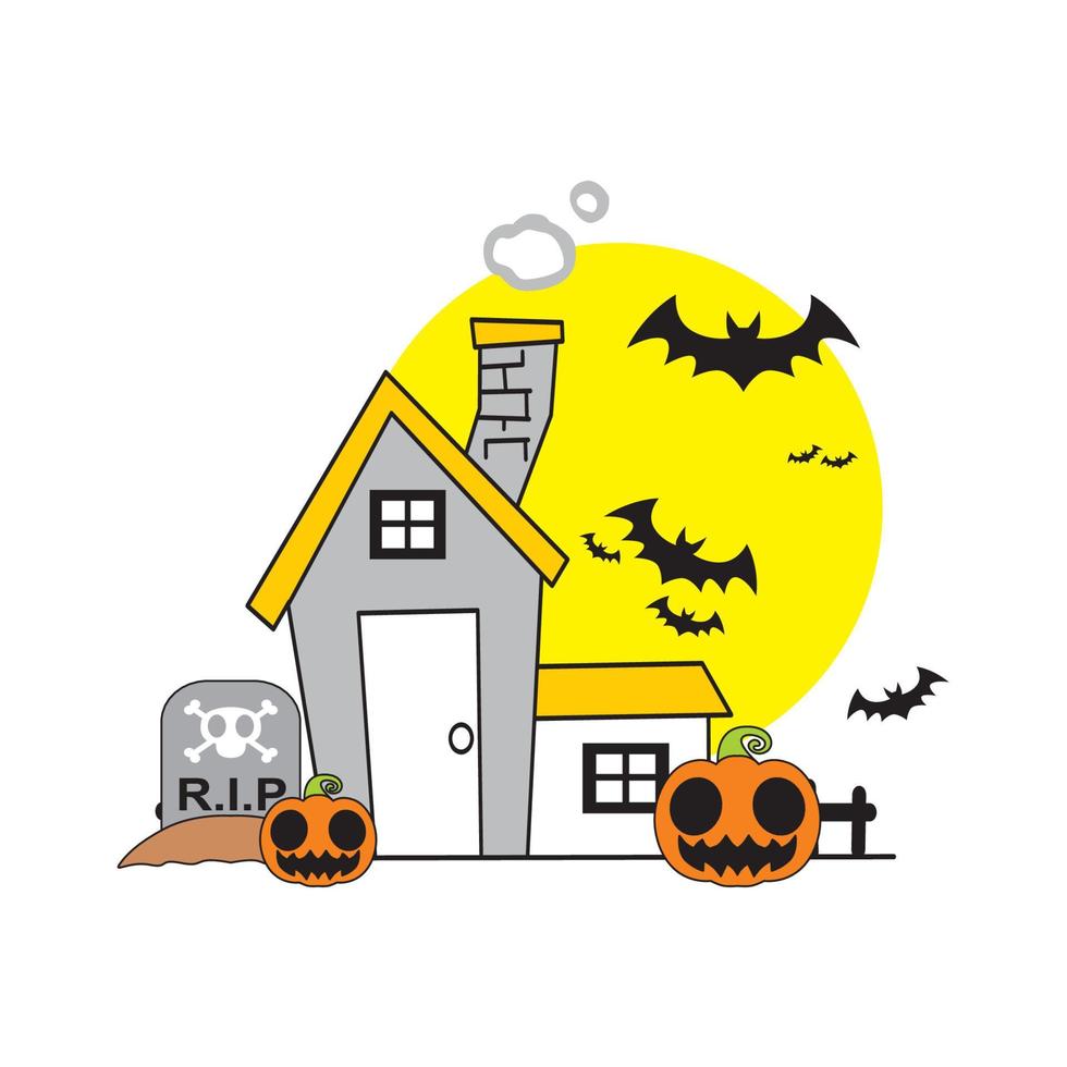 oud eng huis met gloeiende ramen 's nachts. vector cartoon landschap met spookachtig houten herenhuis, gebroken hek, donkere silhouetten van bomen en maan in de lucht. Halloween griezelige illustratie van heksenhuis