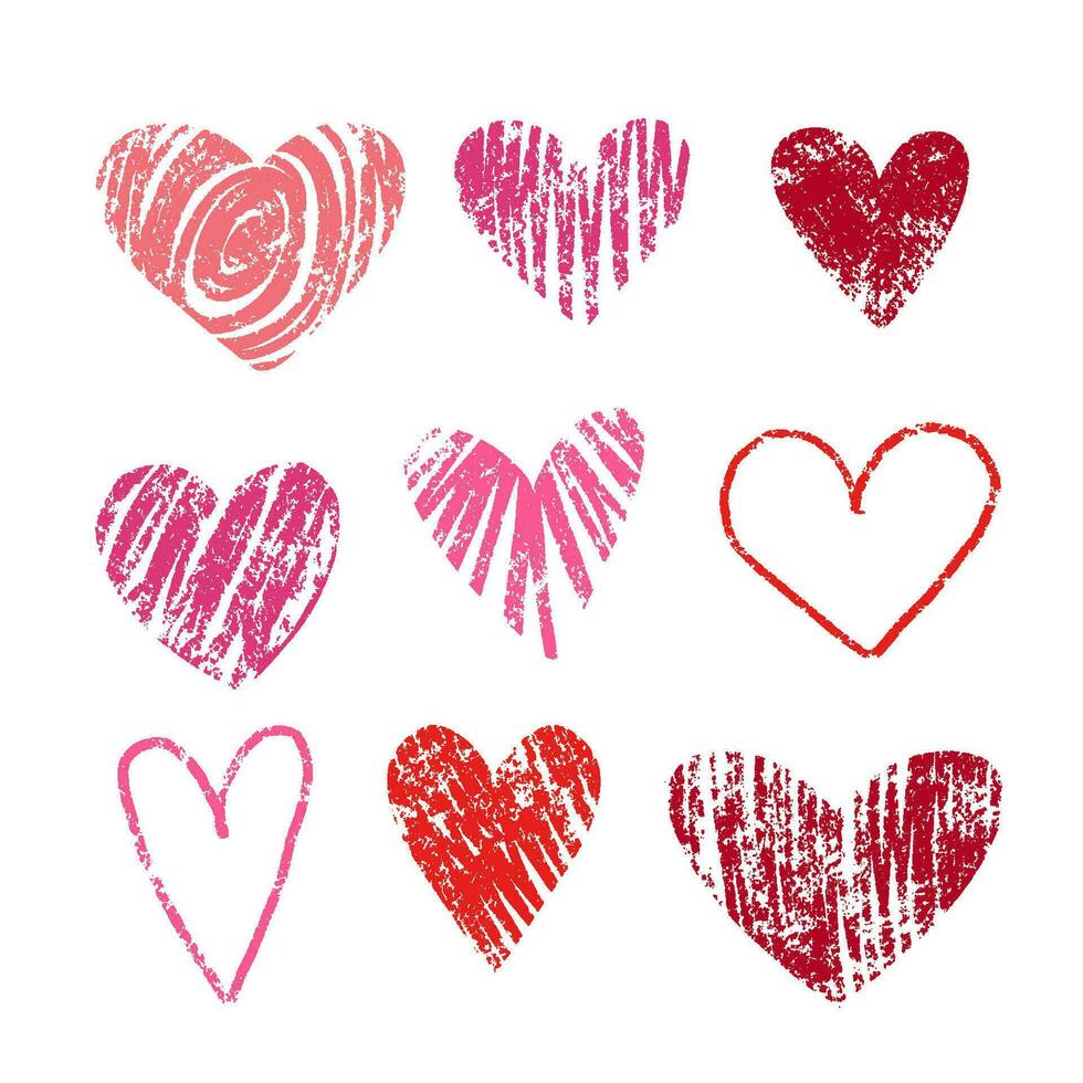 rood en roze harten getrokken met kleurpotloden pictogrammen set. hand- getrokken getextureerde hand- getrokken vector illustraties voor Valentijnsdag dag.