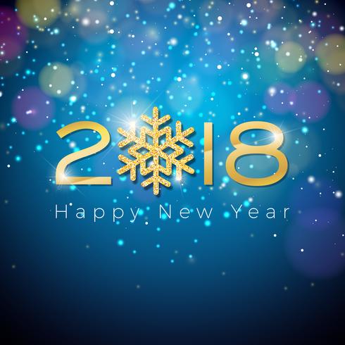 Vector Gelukkig Nieuwjaar 2018 illustratie op glanzende verlichting blauwe achtergrond met typografie.