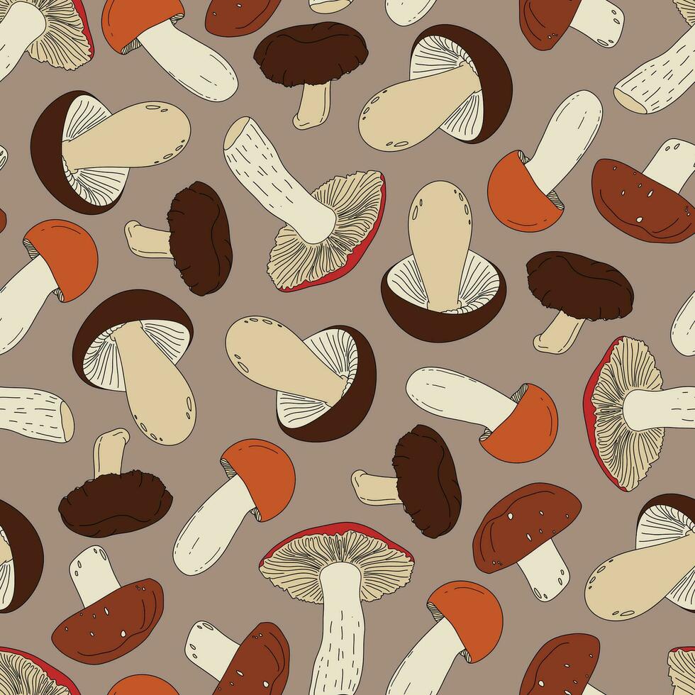 vector naadloos patroon met gekleurde champignons Aan de donker achtergrond. illustraties zijn getrokken met de contour lijnen en gekleurde Aan herfst kleuren. de concept van val, de cadeaus van de Woud