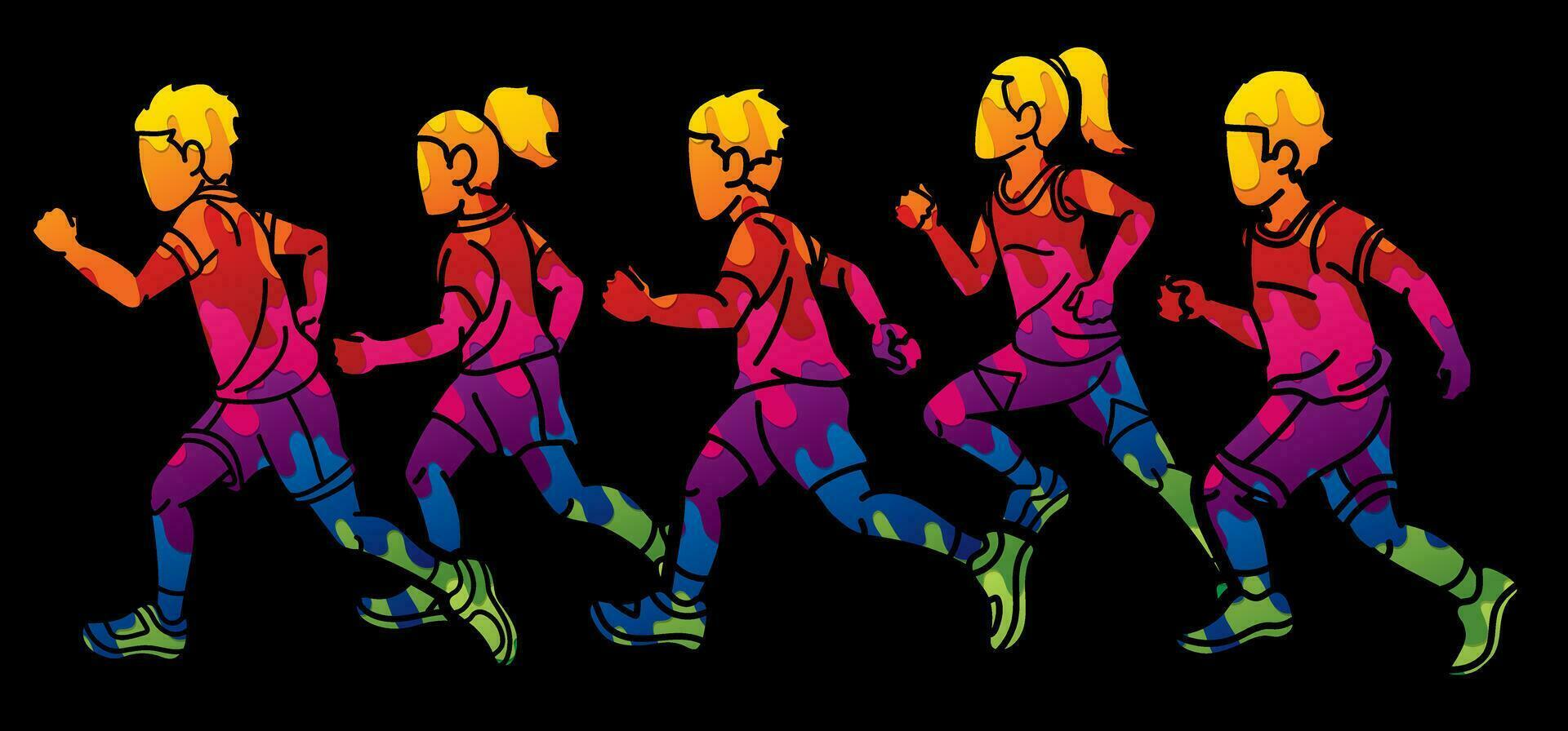 groep van kinderen begin rennen samen tekenfilm sport grafisch vector