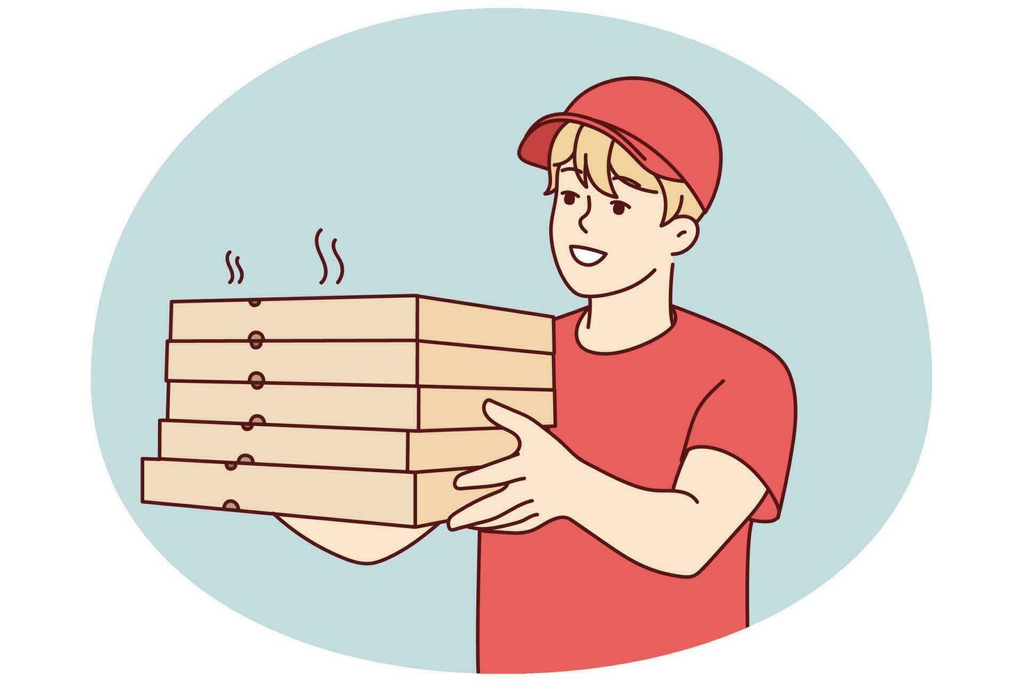 glimlachen mannetje koerier in uniform leveren heet pizza naar cliënt. gelukkig postbode met pizza dozen in handen. voedsel levering onderhoud. vector illustratie.