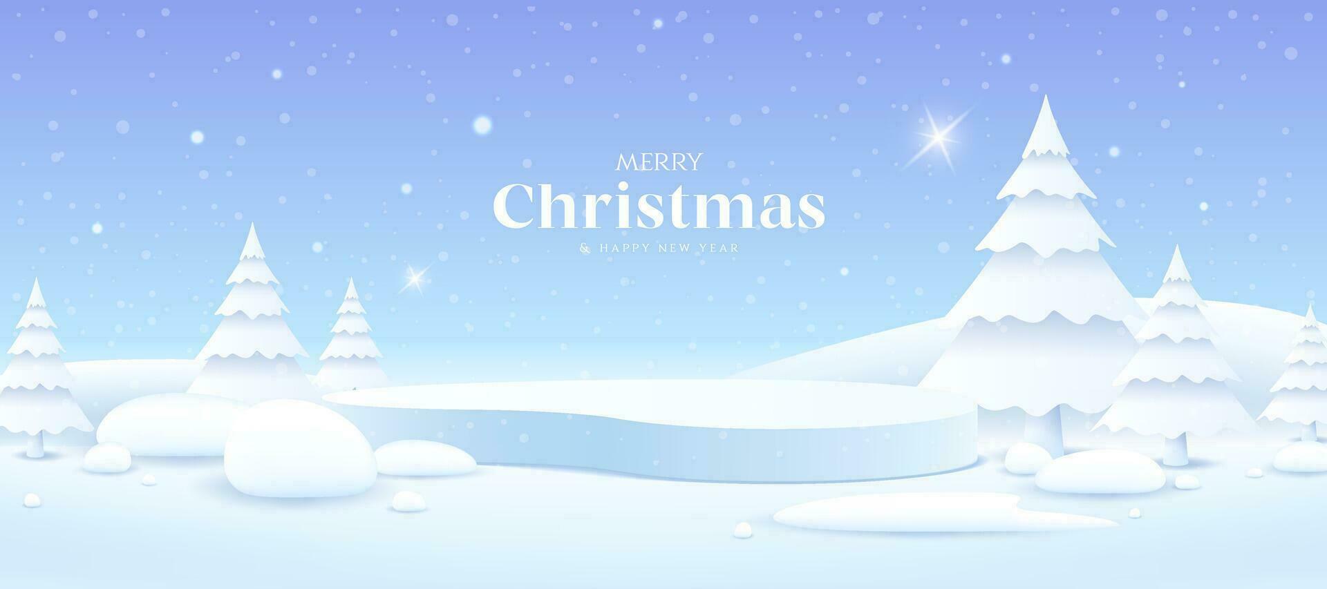 vrolijk Kerstmis en gelukkig nieuw jaar, podium en wit Kerstmis boom en sneeuwbal, banier ontwerp Aan blauw achtergrond, eps 10 vector illustratie