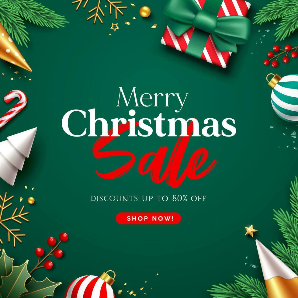 vrolijk Kerstmis uitverkoop ornamenten, rood en wit geschenk doos groen lint, rood BES en de kerstman toverstok, pijnboom blad poster folder ontwerp Aan groen achtergrond vector