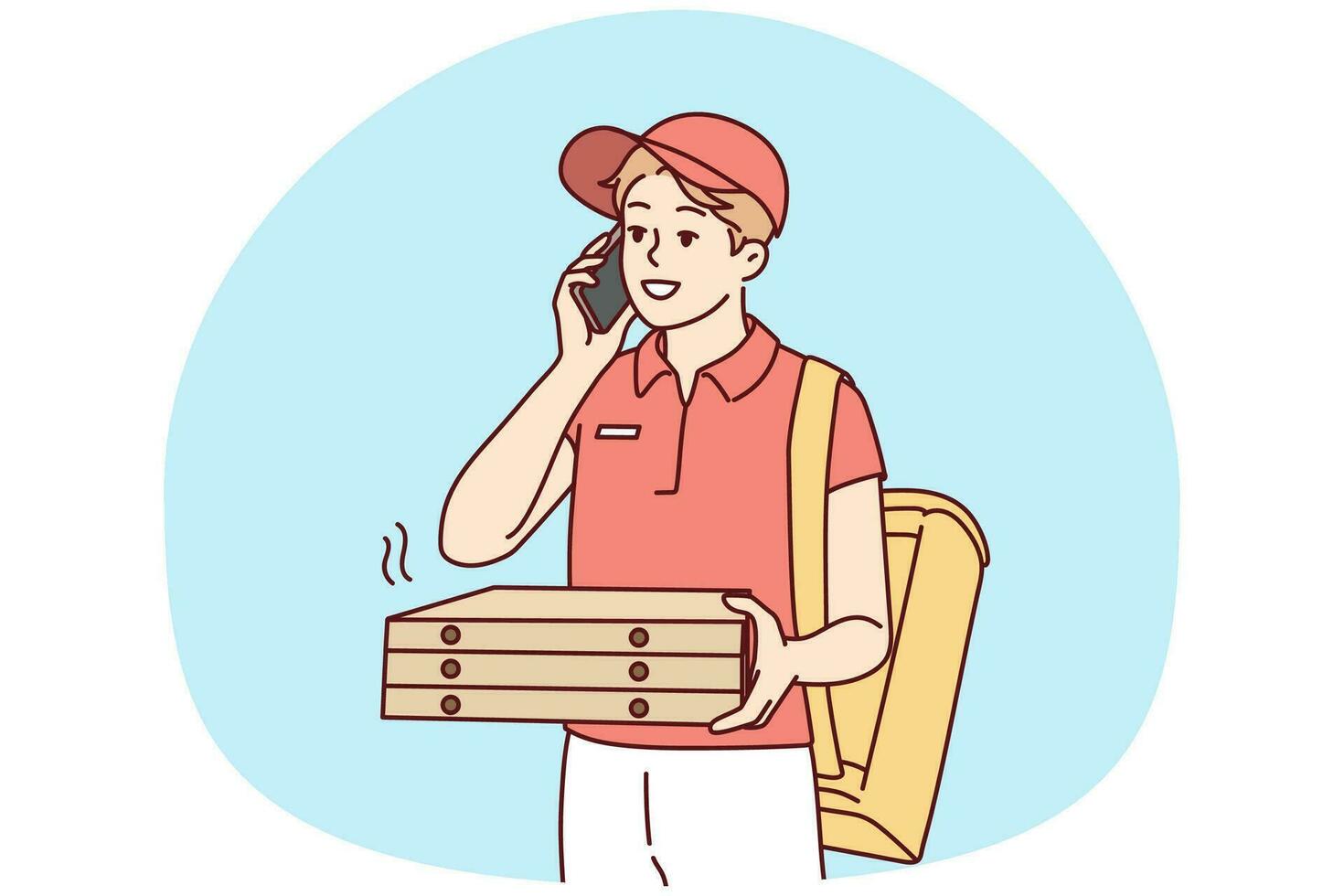 gelukkig jong mannetje postbode met pizza dozen roeping cliënt Aan mobiele telefoon. glimlachen Mens koerier leveren bestellen naar klant. vector illustratie.