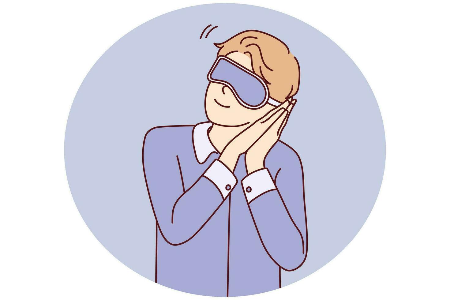 slaperig Mens in oog masker klaar voor dagdroom of slaap. gelukkig vent in pyjama- voorbereidingen treffen voor dutje of bedtijd. ontspanning en vermoeidheid. vector illustratie.