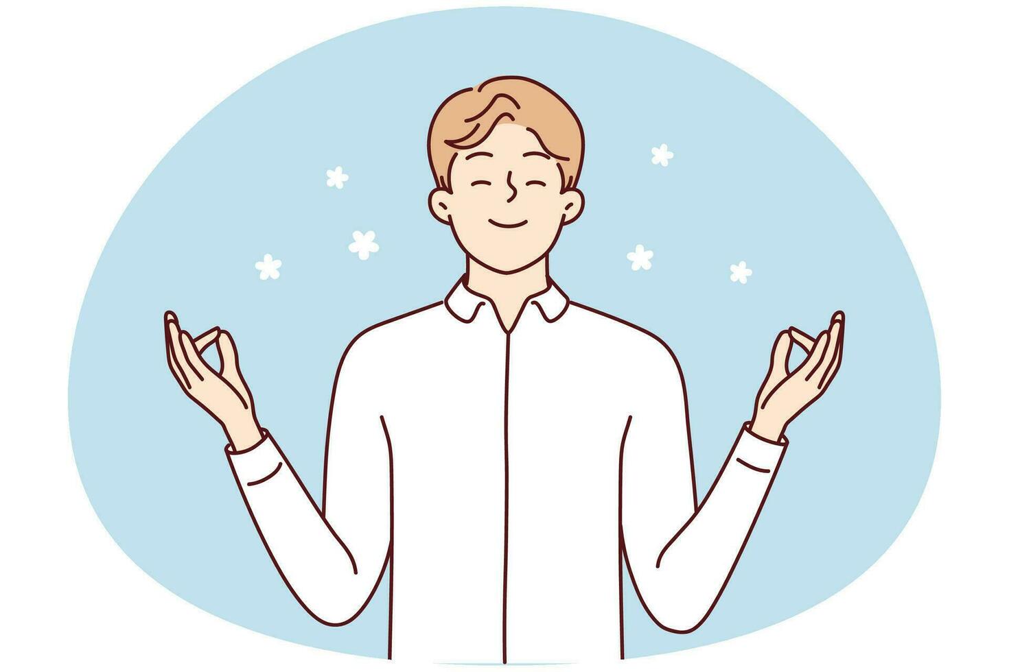 gelukkig jong Mens met mudra handen mediteren verlichten negatief emoties. glimlachen kalmte mannetje praktijk yoga denken positief. mentaal Gezondheid concept. vector illustratie.