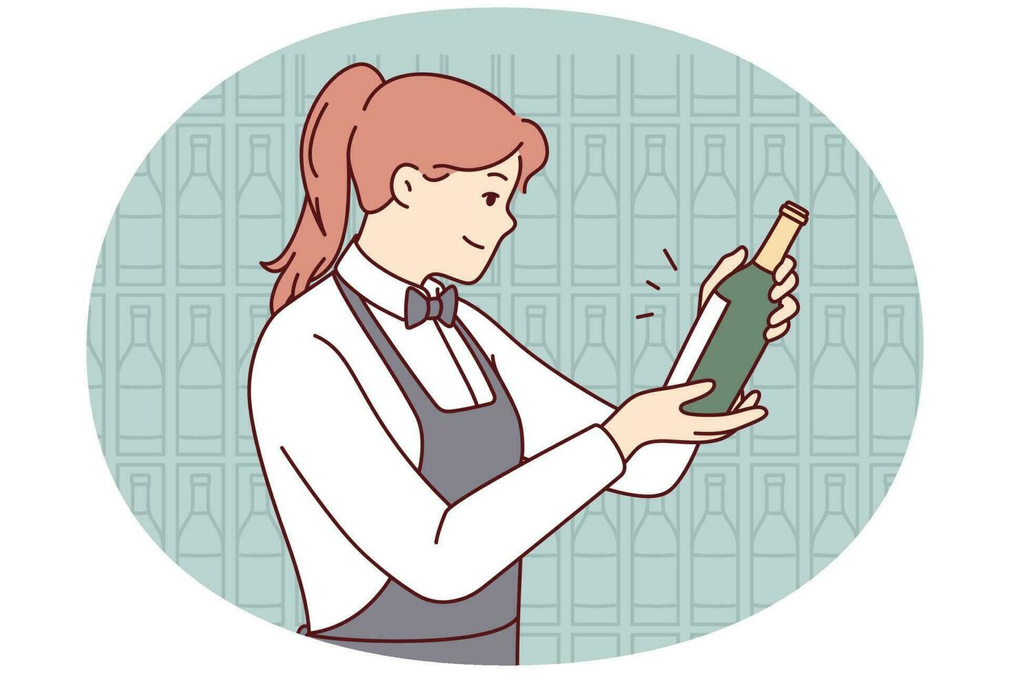 glimlachen serveerster in schort kiezen wijn in kelder. gelukkig vrouw sommelier maken keuze over drinken in restaurant. vector illustratie.