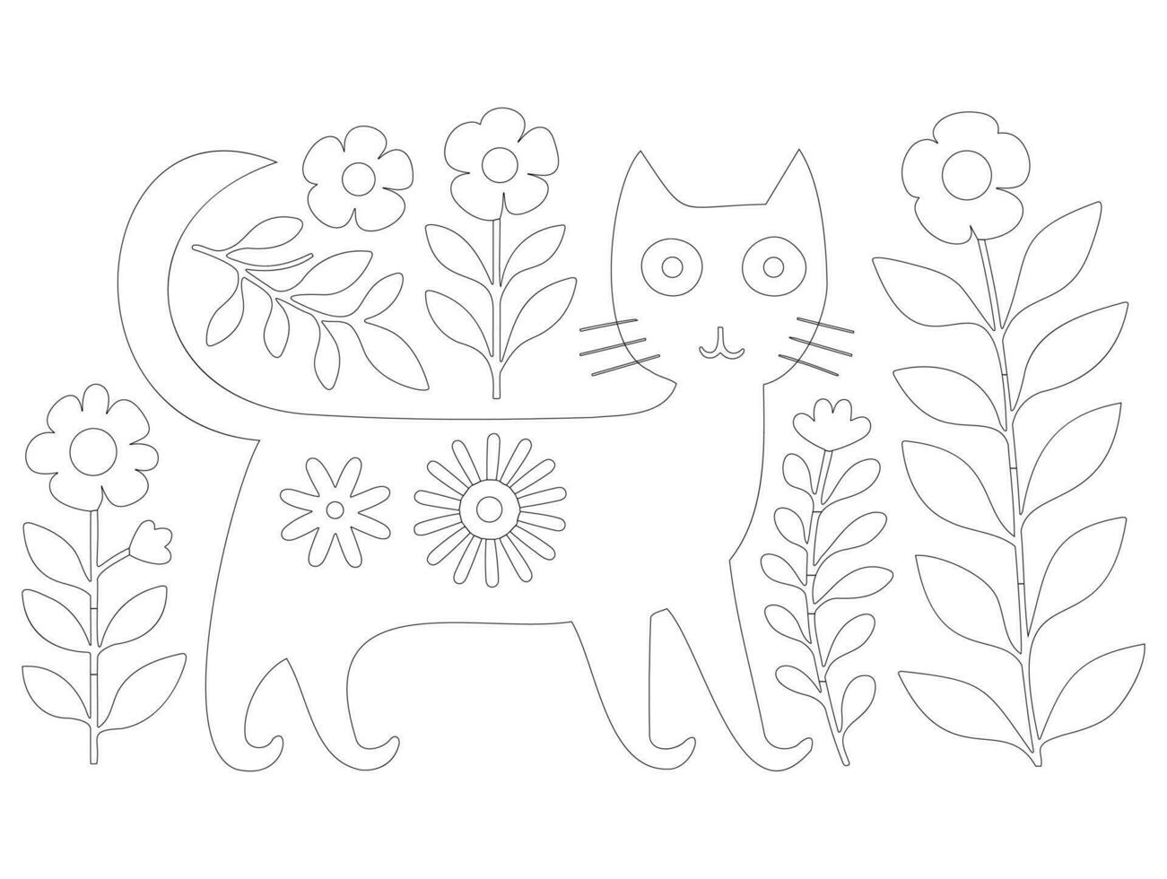 zwart schets kat met bloem Aan wit achtergrond, kleur bladzijde stijl vector
