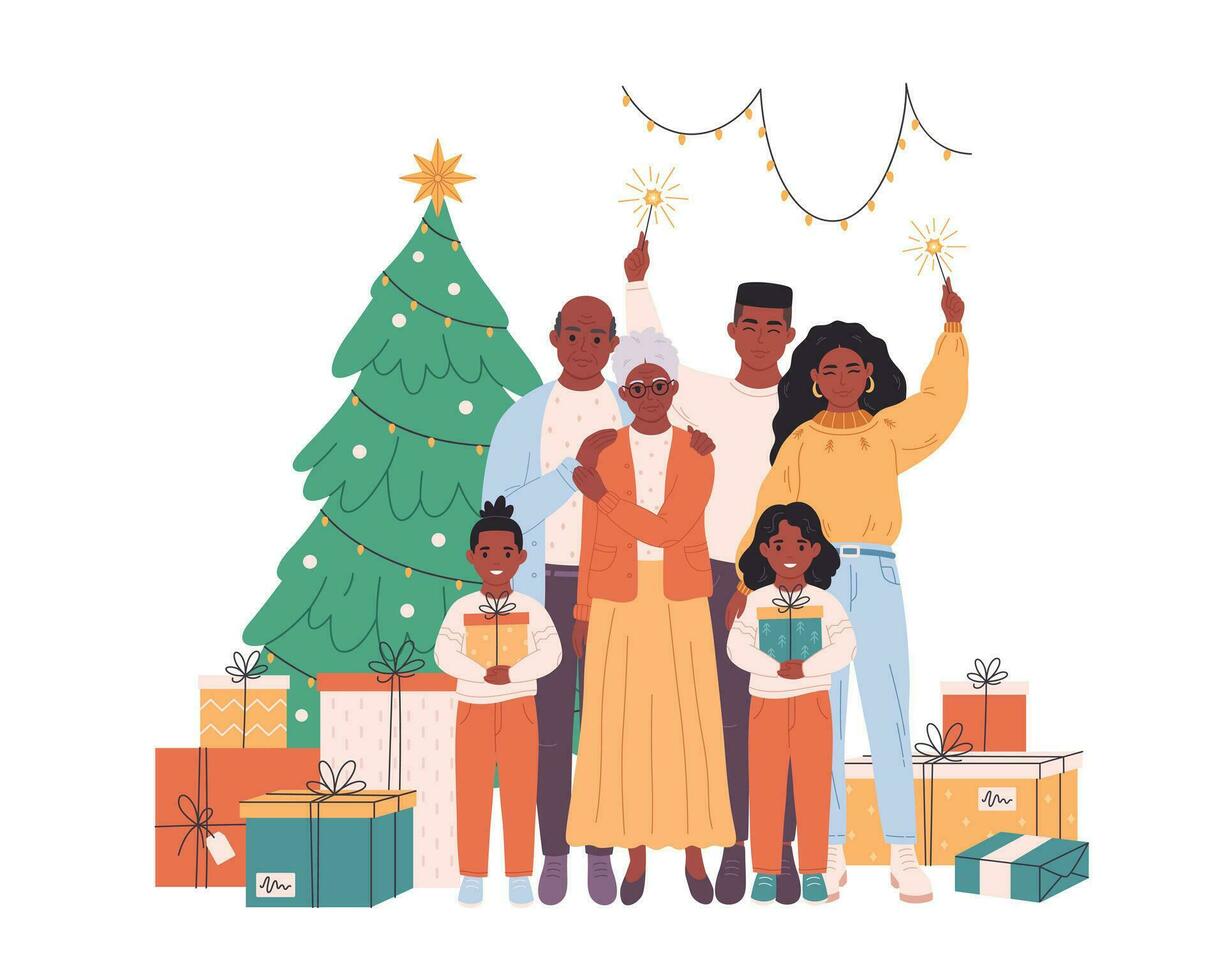 familie met kinderen en grootouders vieren Kerstmis of nieuw jaar. Kerstmis boom met presenteert. vector illustratie in vlak stijl