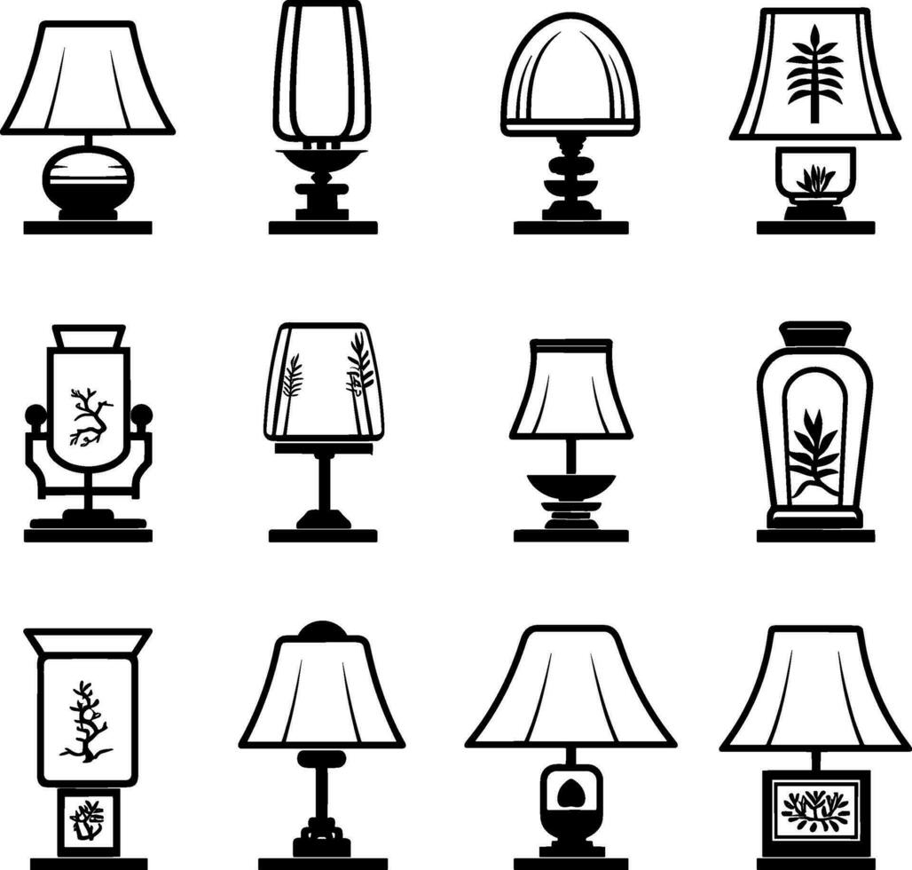 verdieping en tafel lampen vector illustratie reeks van zwart silhouetten wit achtergrond. ai gegenereerd illustratie.