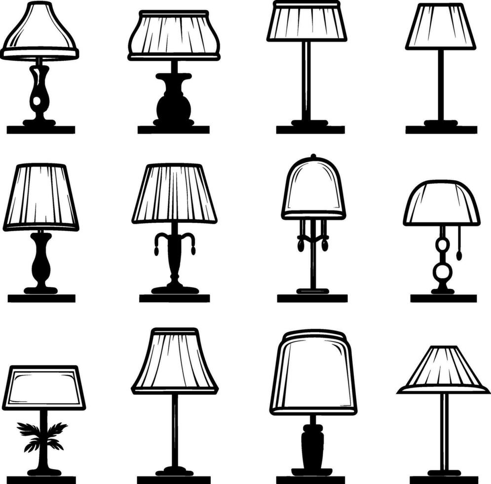 verdieping en tafel lampen vector illustratie reeks van zwart silhouetten wit achtergrond. ai gegenereerd illustratie.